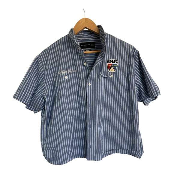 Abercrombie and Fitch Ford Motors Blue Striped Cropped Mens Shirt Smll - Picture 1 of 8